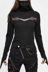 Haut Punk pour Femmes à Col Roulé Noir avec Découpe sur la Poitrine, Maille Fine, Broche Décorative et Ourlet en Angle Aigu